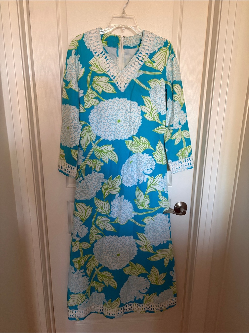 Turquoise Floral Maxi Dress with Crochet Trim custom made 18” chest and 56” long